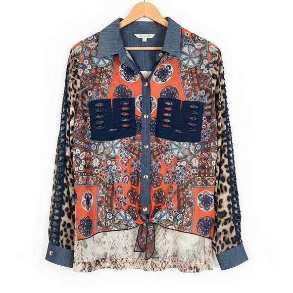 John Mark Womens S Maximalist Artsy Boho Western Distressed Button Down Shirt - Picture 1 of 12